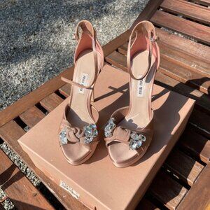 Miu Miu Nude Satin Heels with Crystal Embellishment, Size 6.5